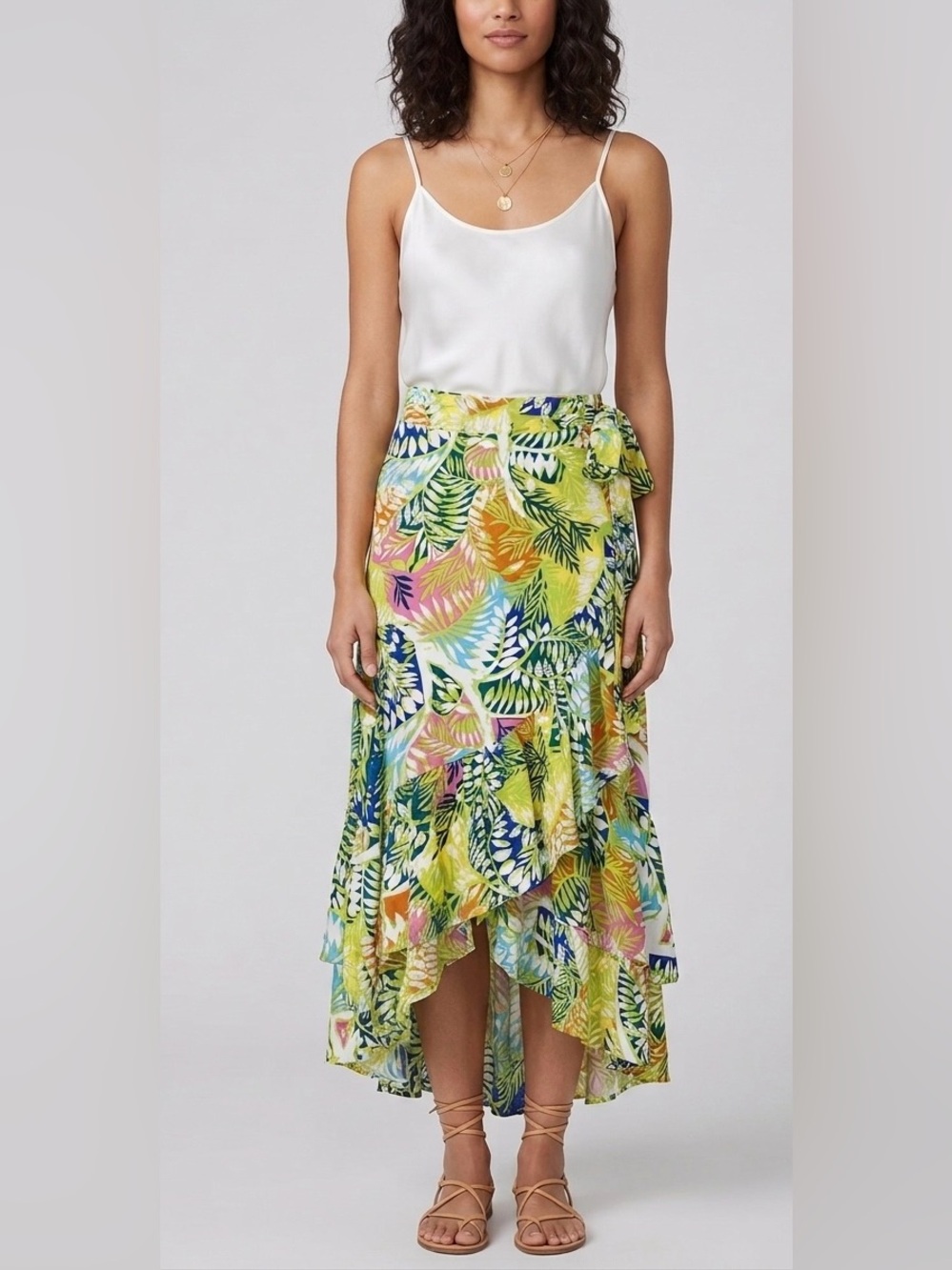 Nicole Miller Tropical Leaf Print Ruffle Wrap Maxi Skirt High-Low size M